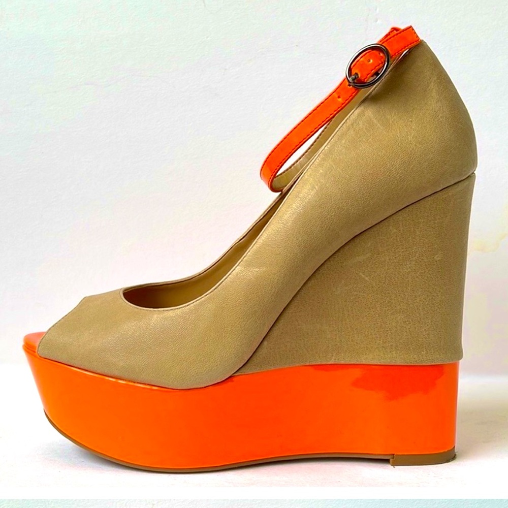 NEW Y2K Jessica Simpson neon orange leather platform wedge heels 7B 37